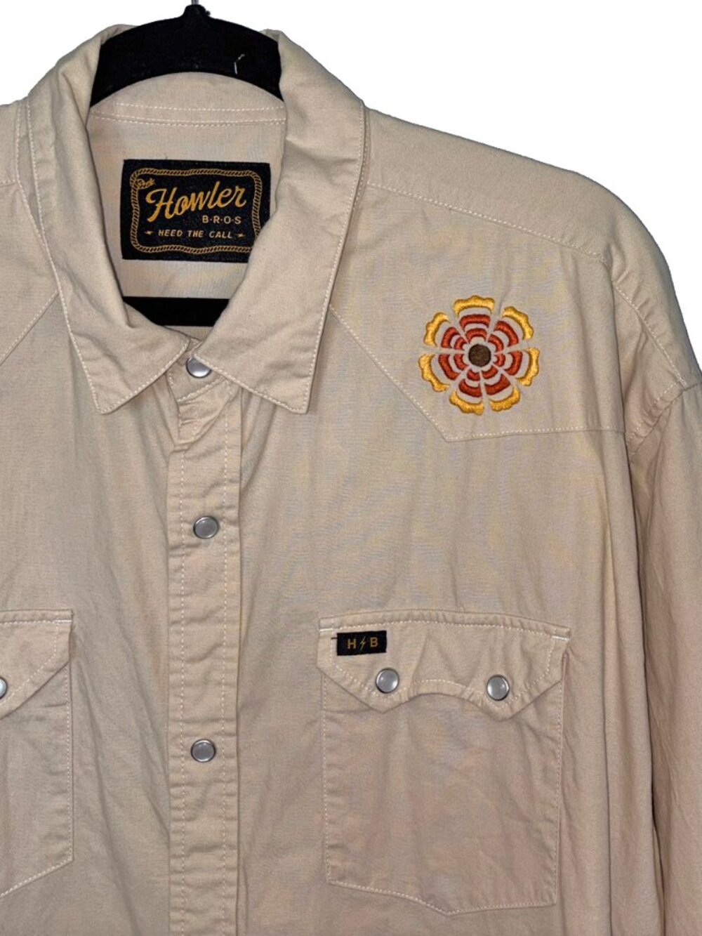 Howler Bros. Tan Embroidered Long Sleeve Pearl Snap Western Shirt - Size XL